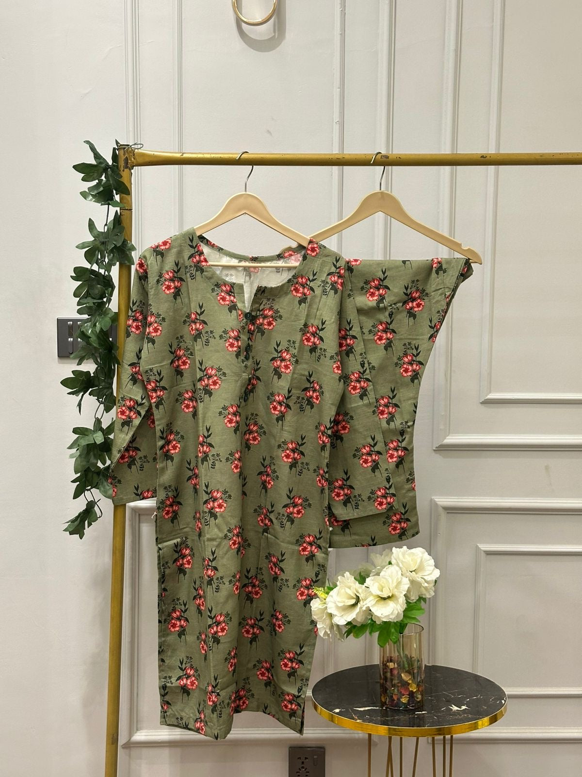 Cream light green khaddar