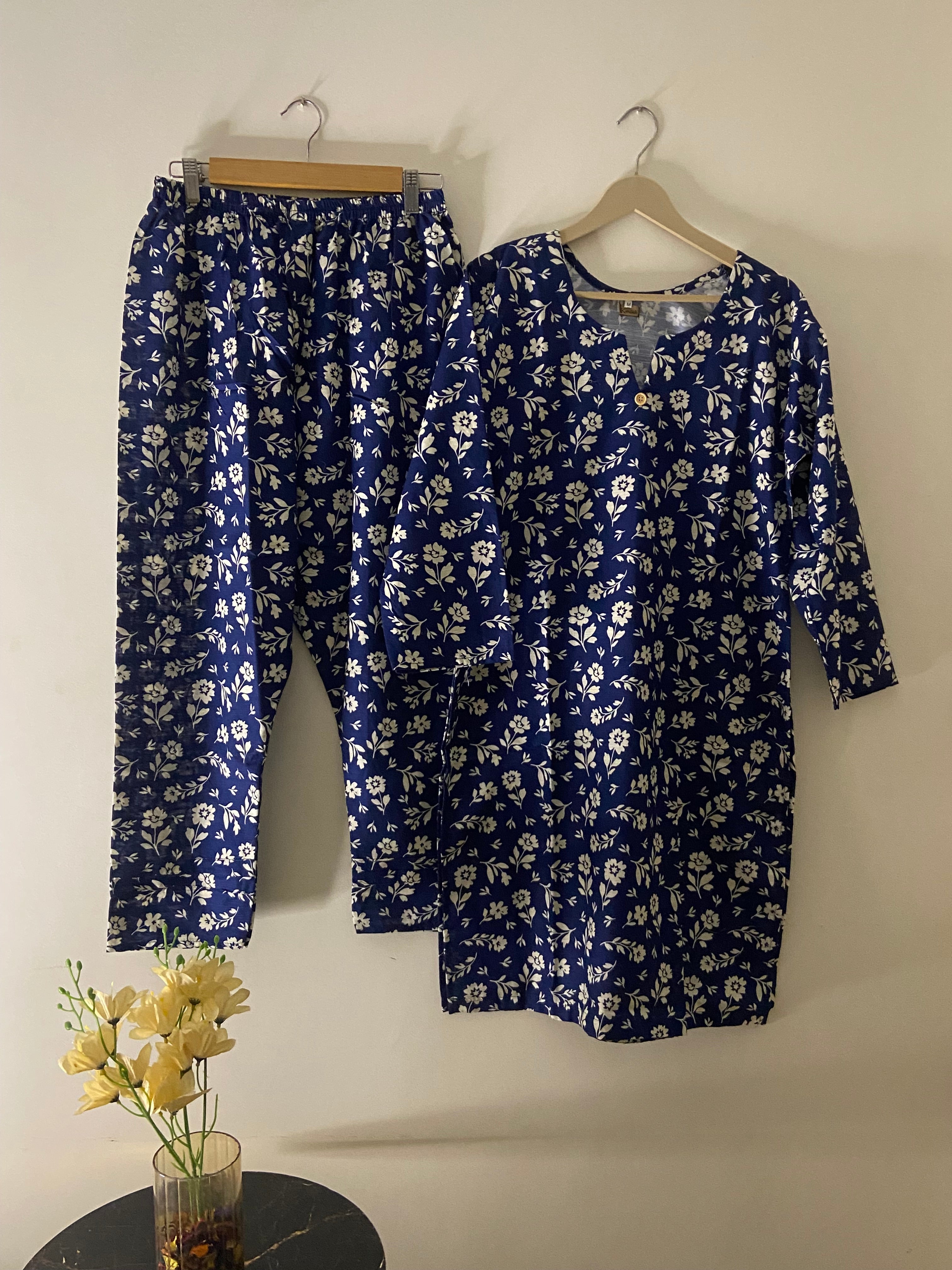 floral navy blue khaddar